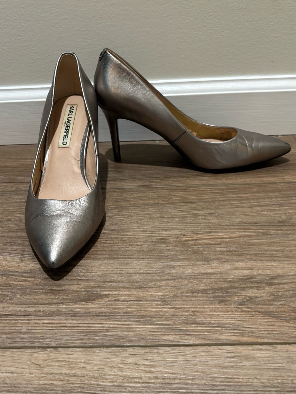 Karl Lagerfeld Metallic Silver Pointed Toe Stiletto Pumps